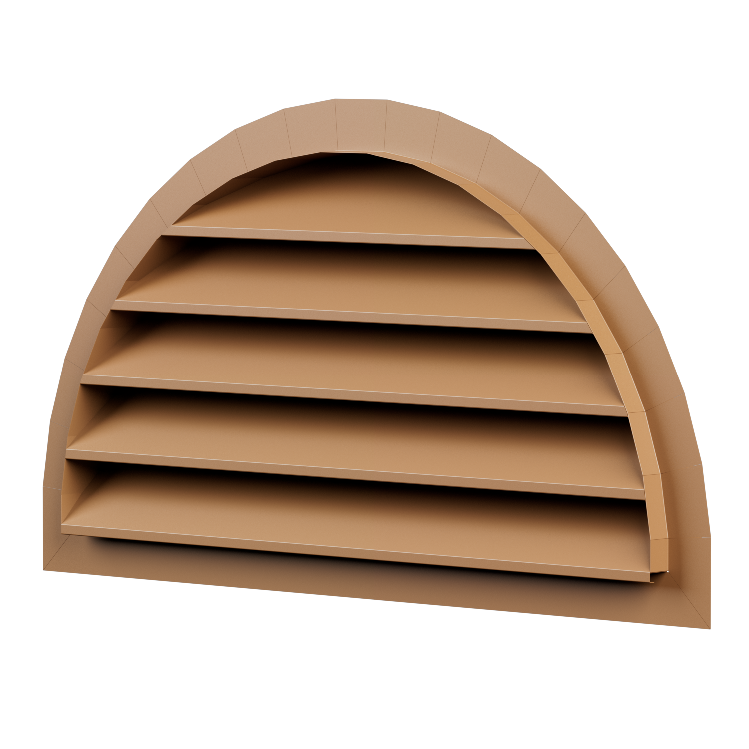 A beige, semi-circular, multi-shelf bookcase with five empty shelves and a curved top.