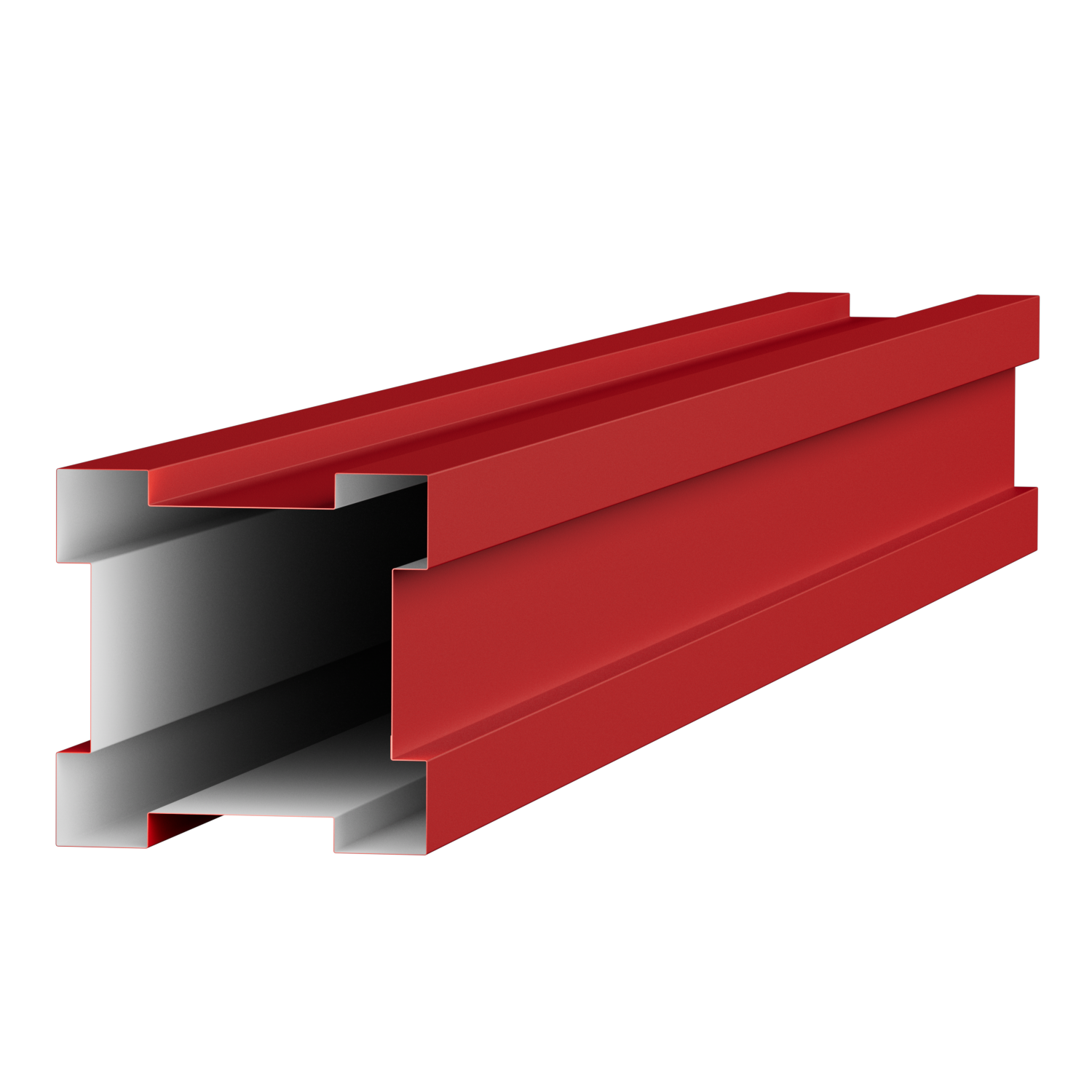 3D rendering of a red and gray steel I-beam against a black background.