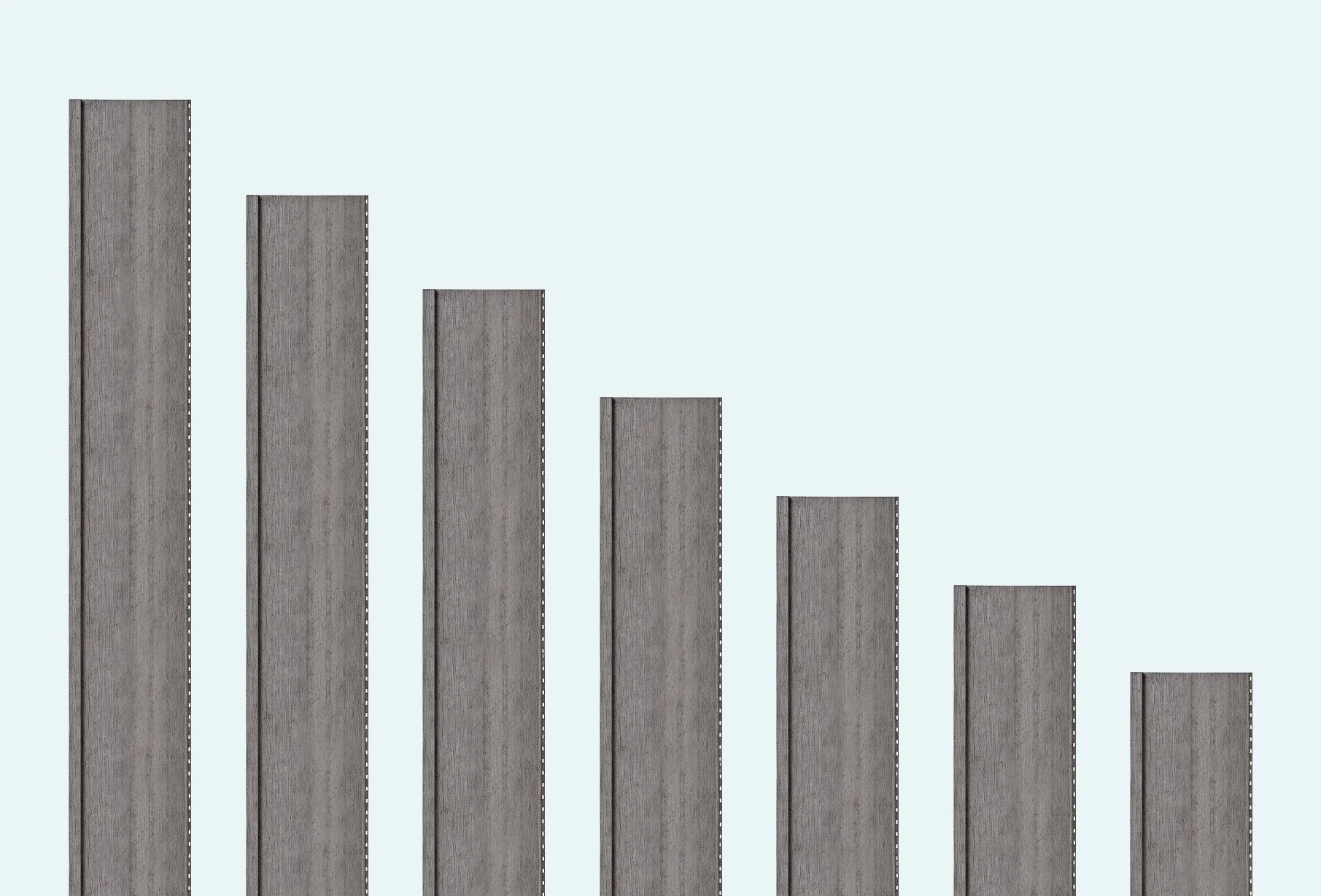 Bar graph with six vertical bars made of wood, decreasing in height from left to right, on a light blue background.