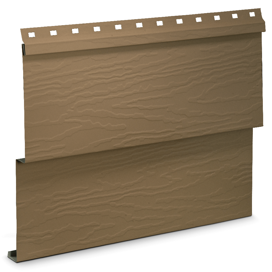 A beige vinyl siding panel with a textured wood grain pattern.
