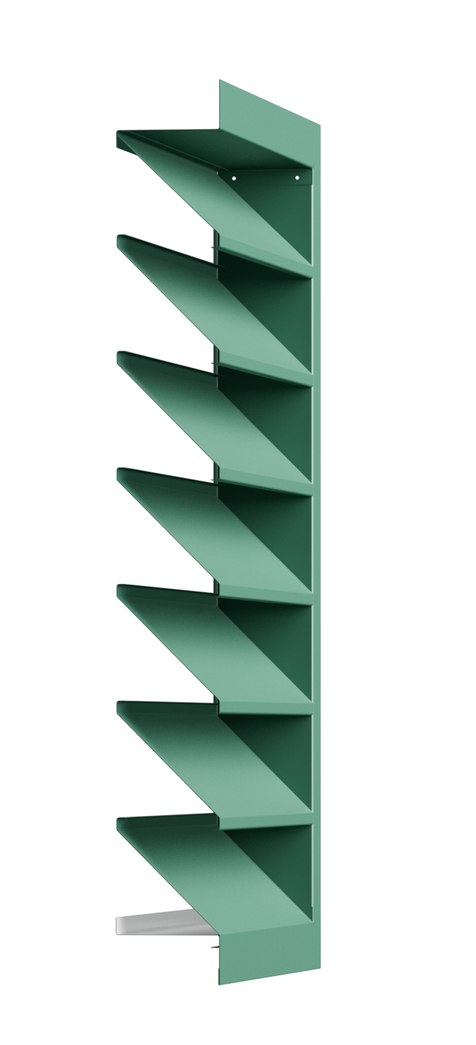 A tall green bookshelf with eight shelves, each with a triangular shape, set against a black background.