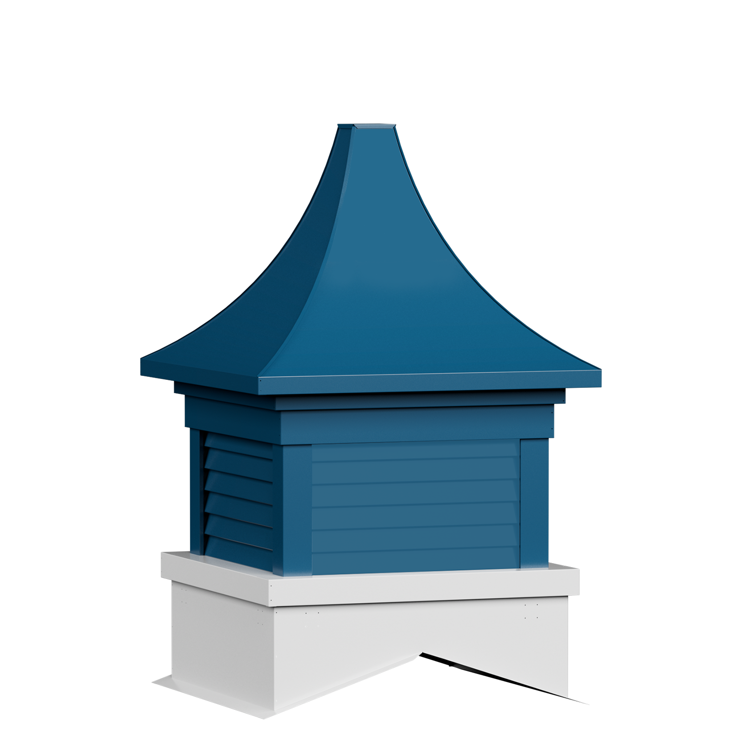 A blue ventilation or exhaust fan with a white base, designed for outdoor installation.