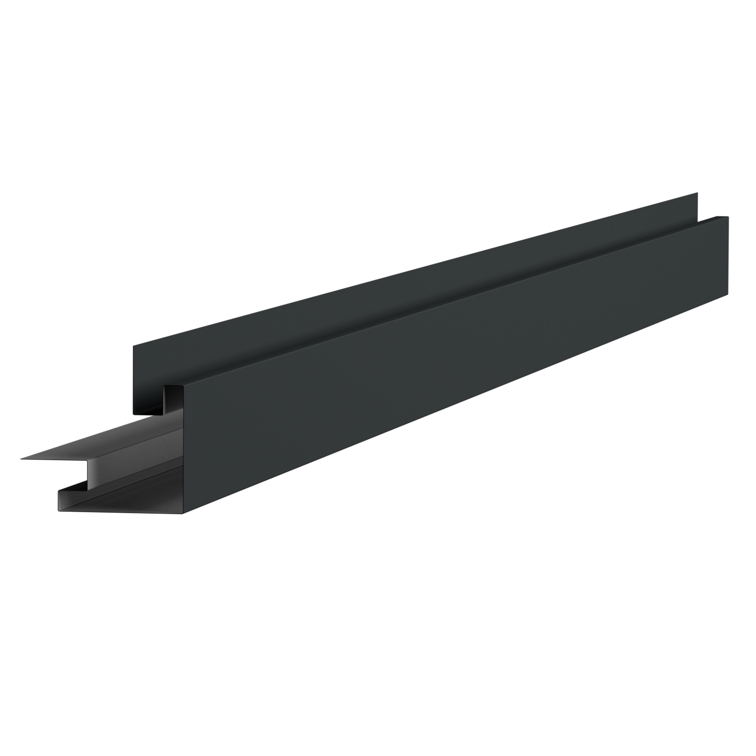A dark gray or black plastic or metal mounting rail or track with a groove or slot, viewed at an angle on a black background.