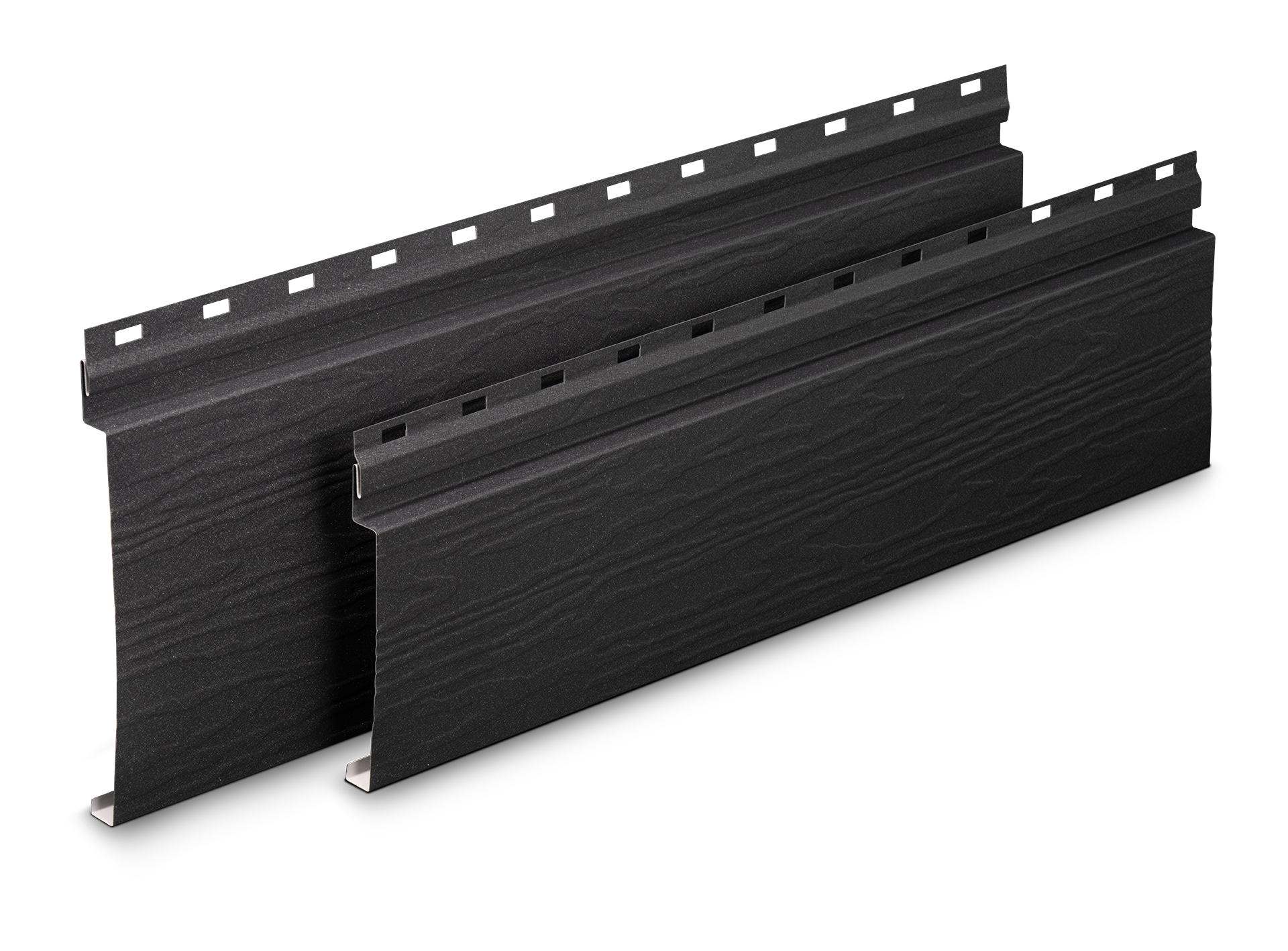 Two black metal siding panels with a wood grain texture, stacked and viewed from an angle.