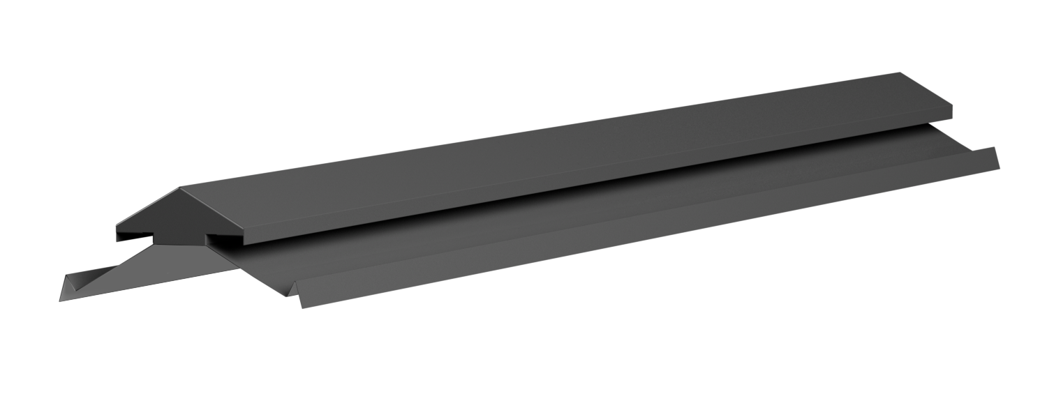 3D model of a dark gray roofing material with overlapping shingles and a gable edge.