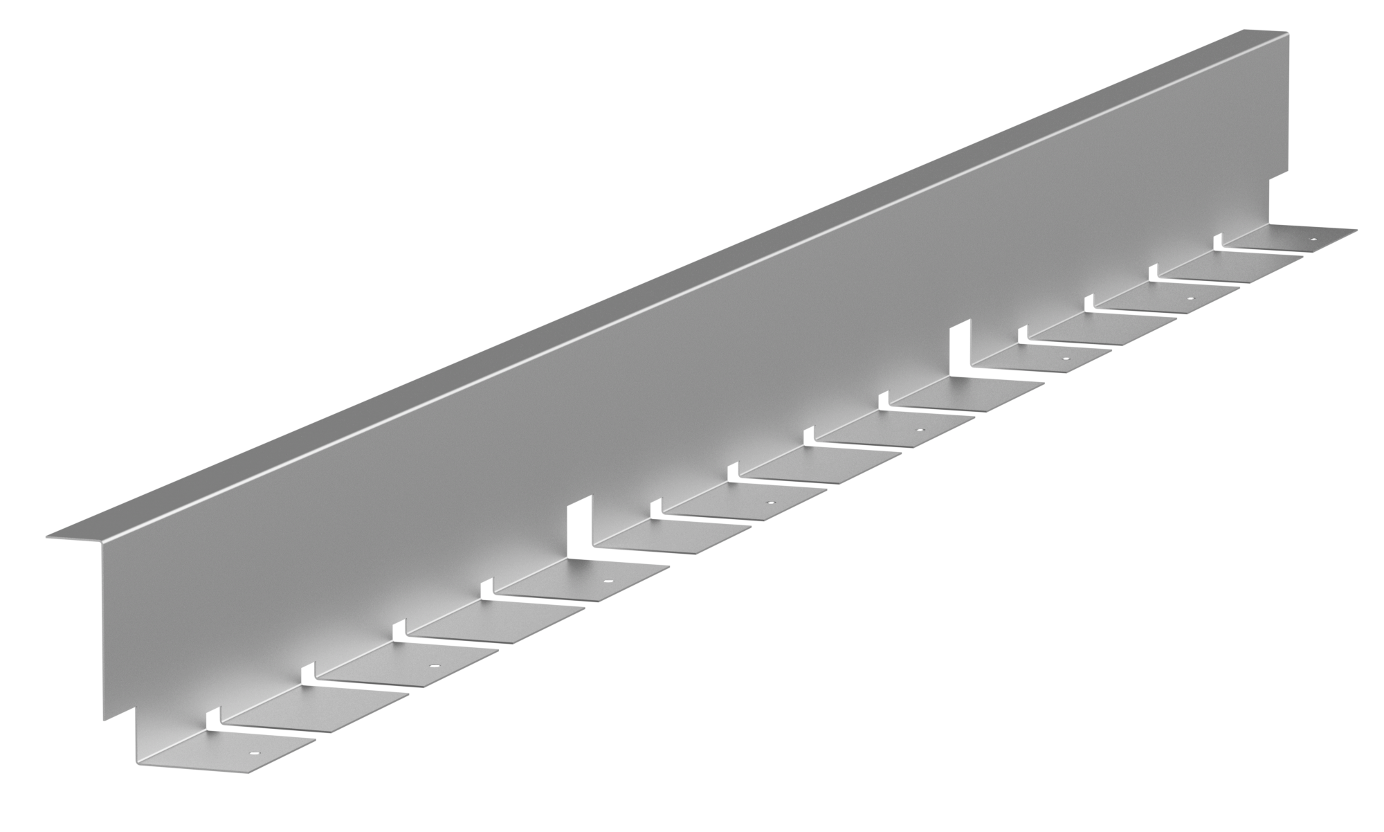 A metal rack with multiple horizontal slots designed for holding objects, with a perforated vertical side panel for mounting or support.
