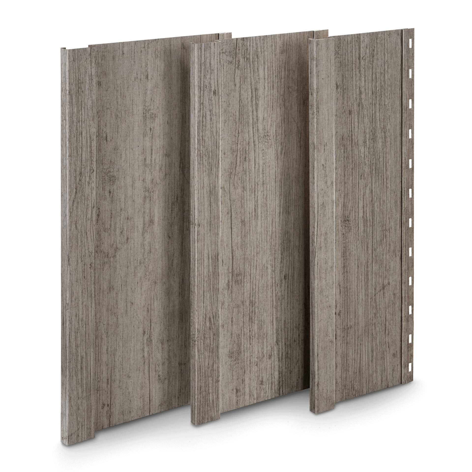 Three pieces of wood paneling leaning against a black background.