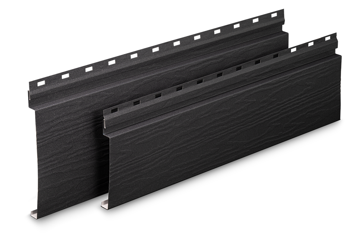 Two black, textured metal or plastic panels with slots along the top edge, possibly parts of a vent or grille.