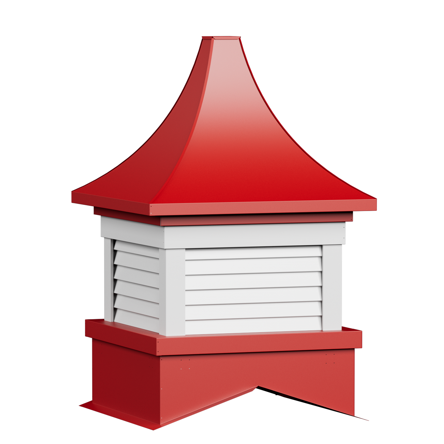 A red and white outdoor chimney with a square base, vented sides, and a pointed cap.