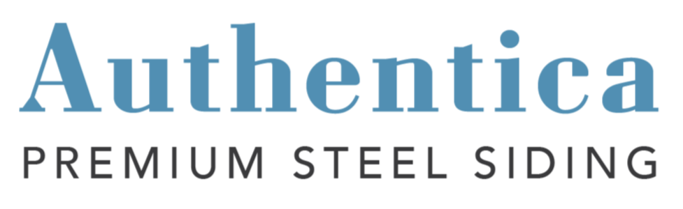 Logo for Authentic Premium Steel Siding with the text "Authentic" in blue and "Premium Steel Siding" in black.