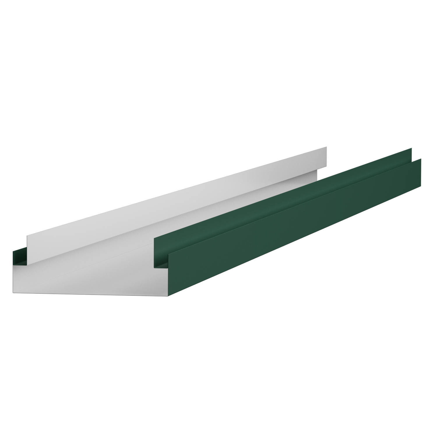 3D illustration of two metal gutter sections, one white and one dark green, placed parallel to each other against a black background.
