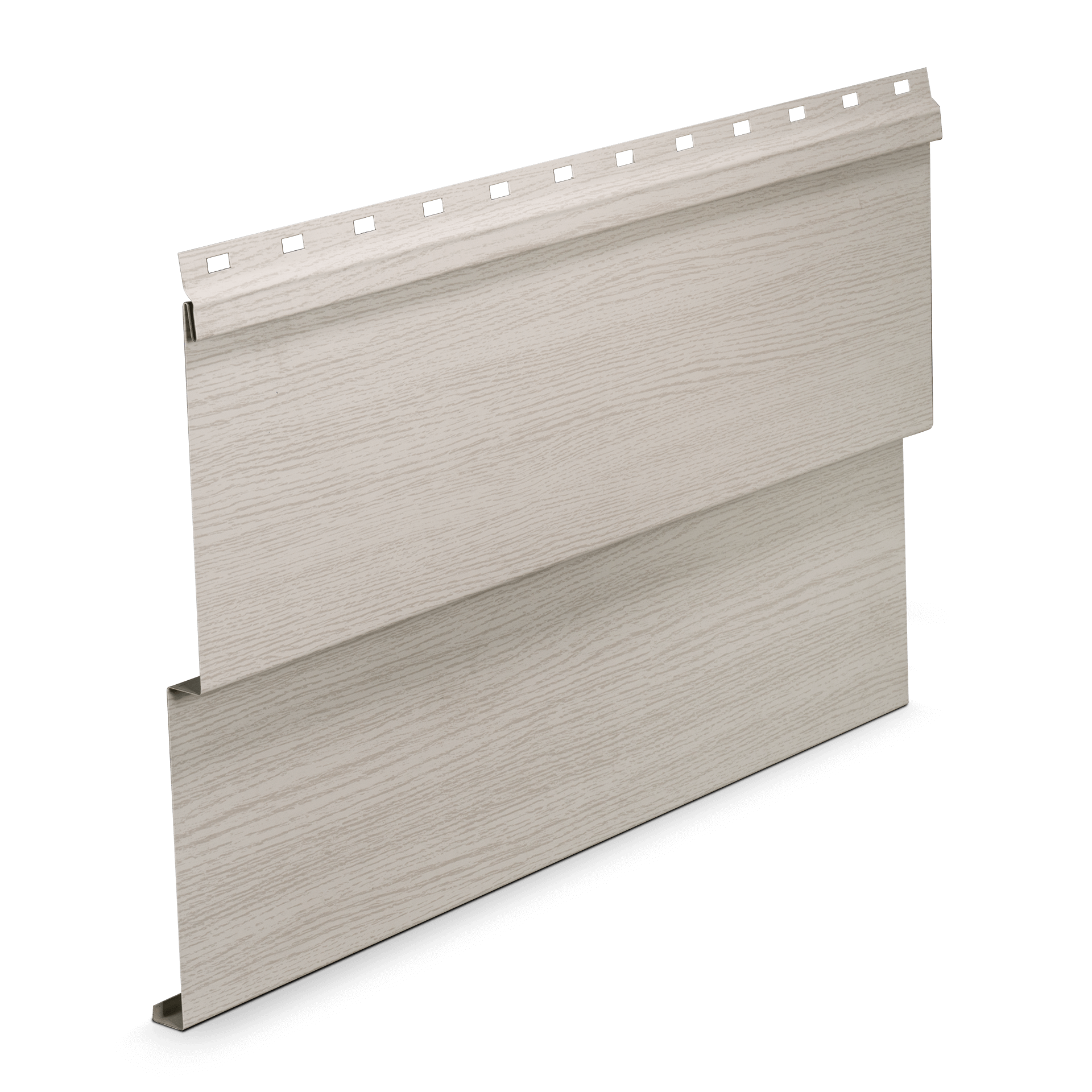 A beige vinyl siding panel with horizontal wood grain texture, shown against a black background.