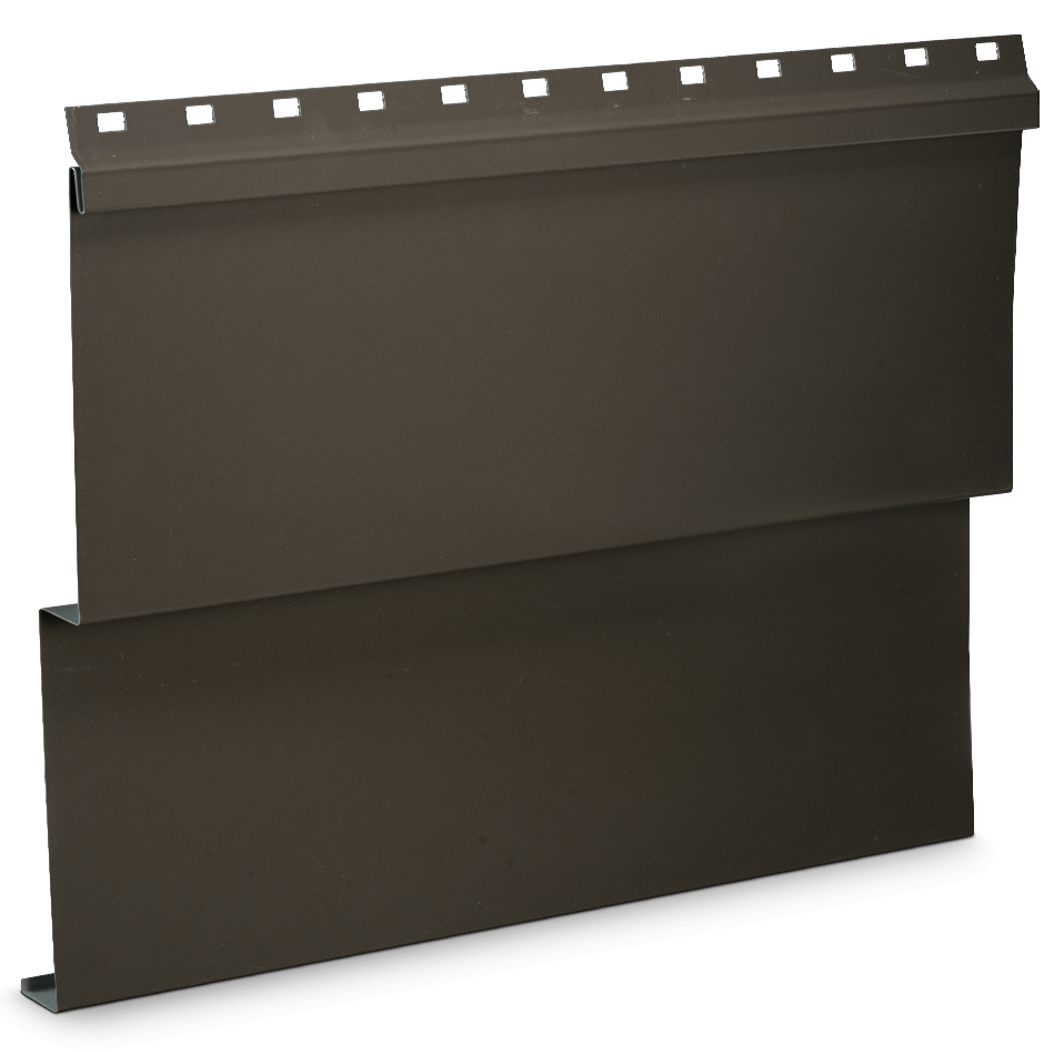 A piece of brown metal siding panel with a t-profile edge