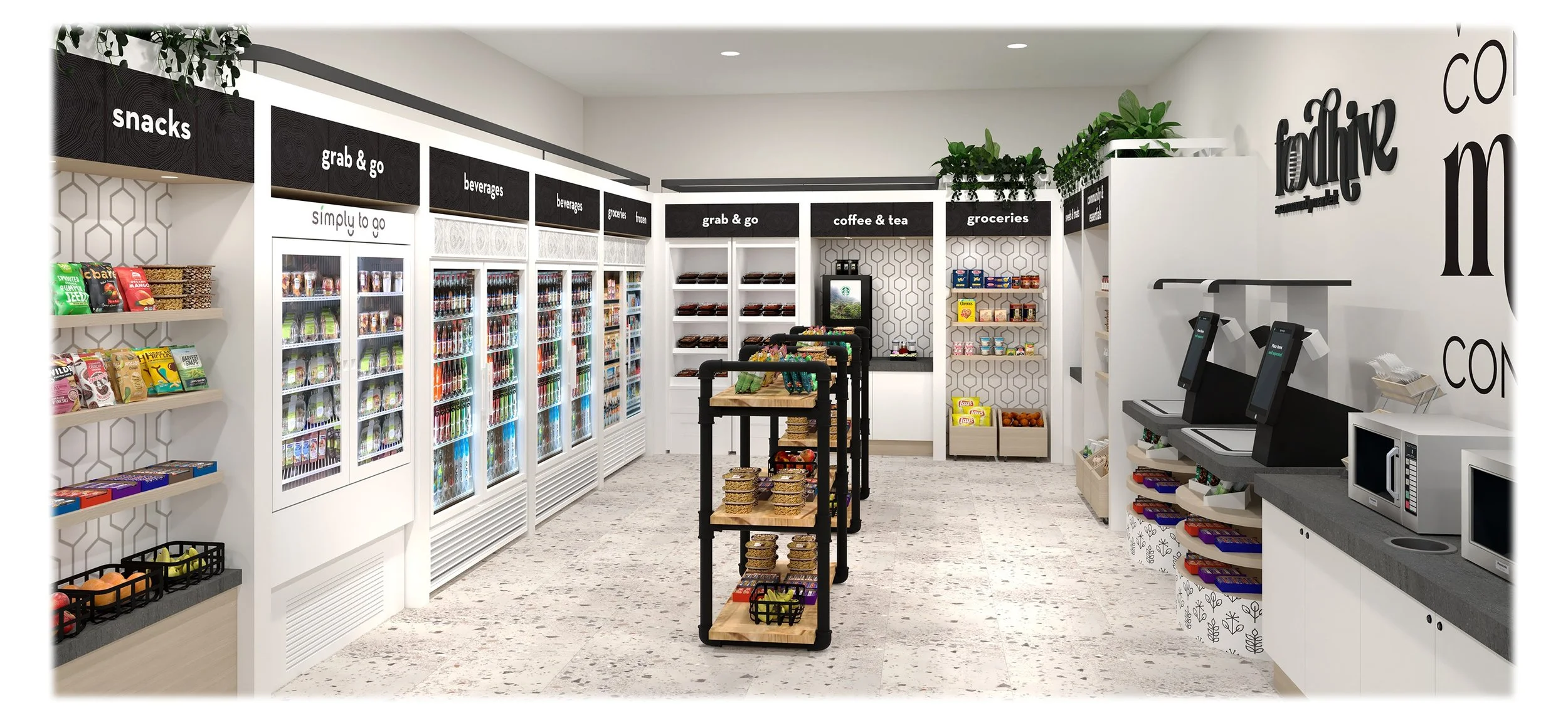 A modern convenience store with refrigerated drinks, snacks, groceries, and self-checkout stations.