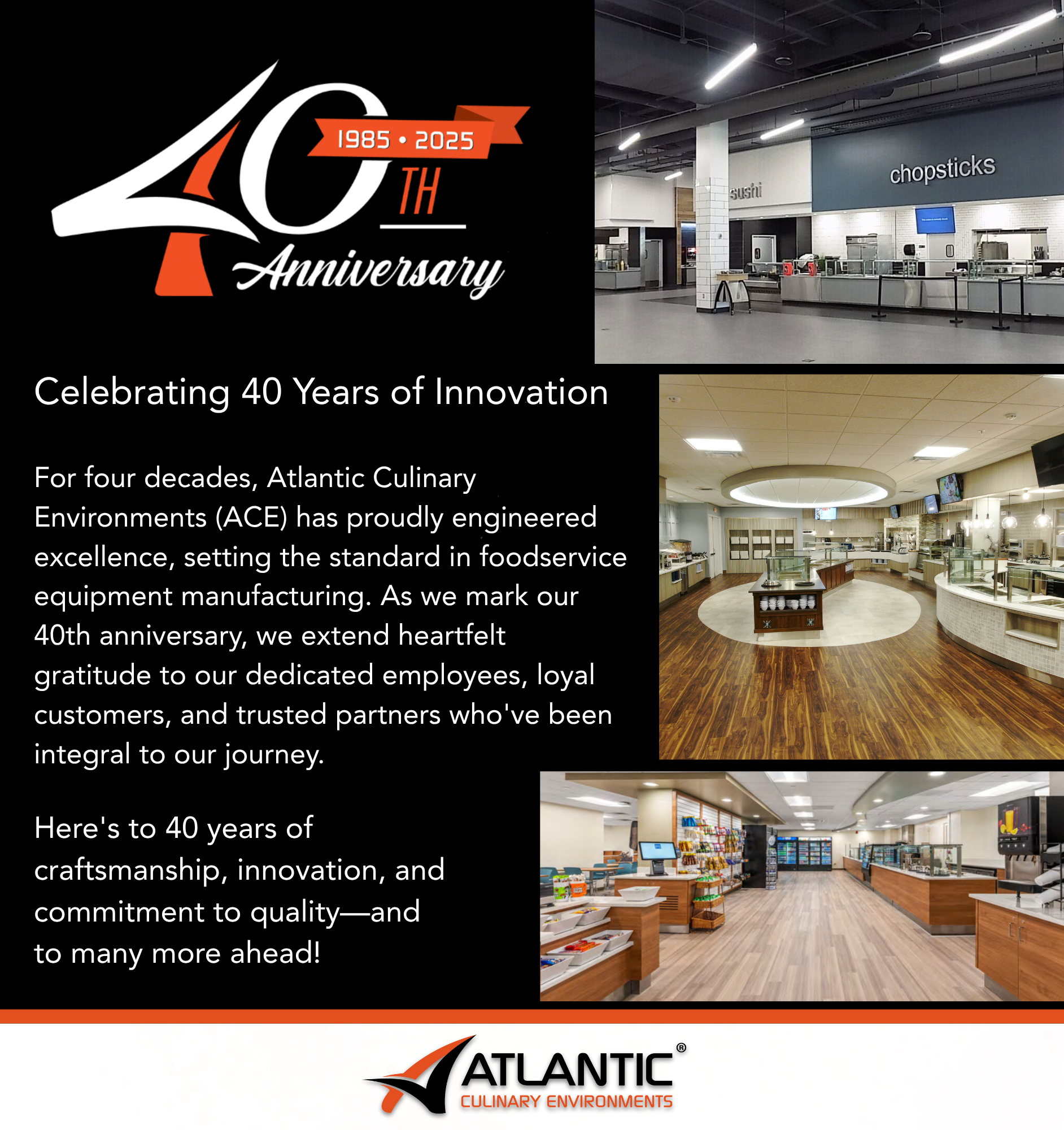 Celebration poster for Atlantic Culinary Environments 40th anniversary featuring the company's logo, images of their cafeteria and food service equipment, and text expressing gratitude and milestones.