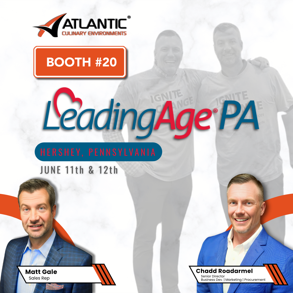Event poster for LedingAge PA at Atlantic Culinary Environments in Hershey, Pennsylvania, June 11th and 12th, featuring photos of Matt Gale and Chadd Roadarmel.