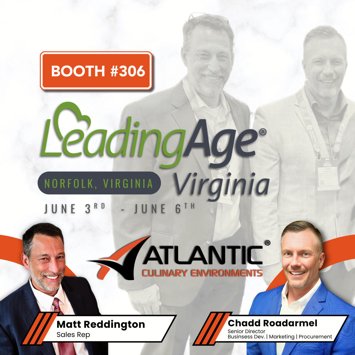 Event poster for LeadingAge Virginia at Atlantic Culinary Environments, Norfolk, Virginia, June 3rd to June 6th, featuring speakers Matt Reddington and Chadd Roadarmel.