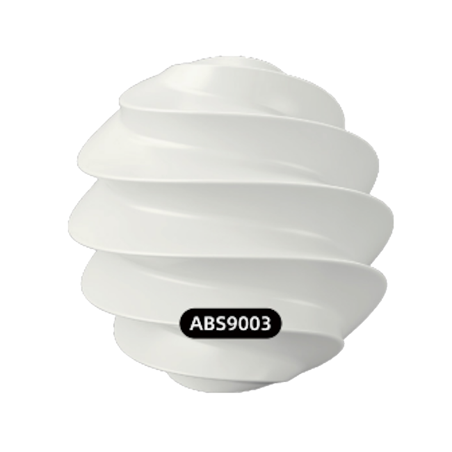 A white, spiral-shaped object that resembles a decorative vase or sculpture, with a black label displaying 'ABS9003'.