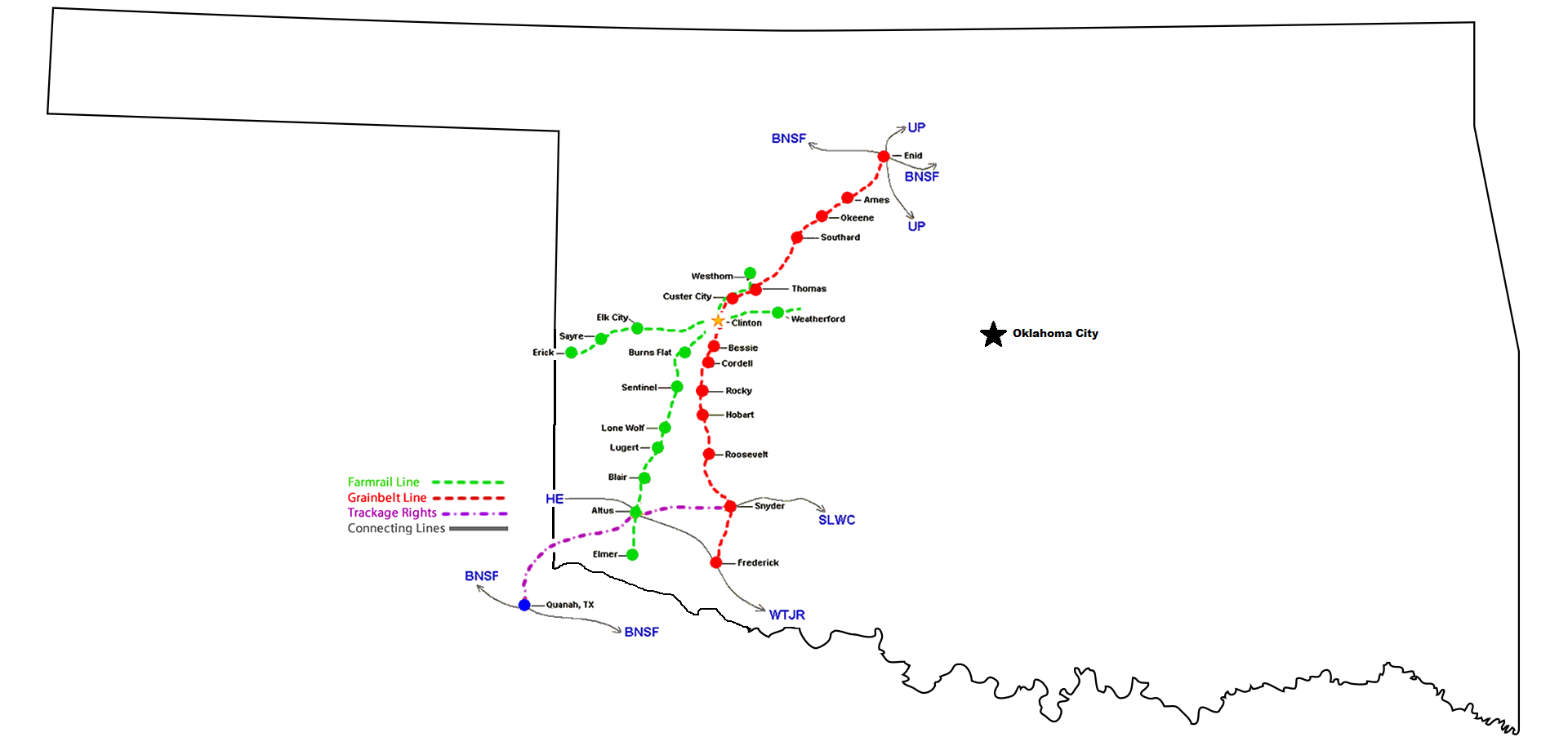 Farmrail's system map of station locations in Western Oklahoma.