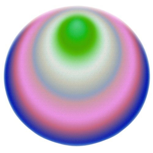 Colorful abstract sphere with green, white, pink, and blue concentric rings.