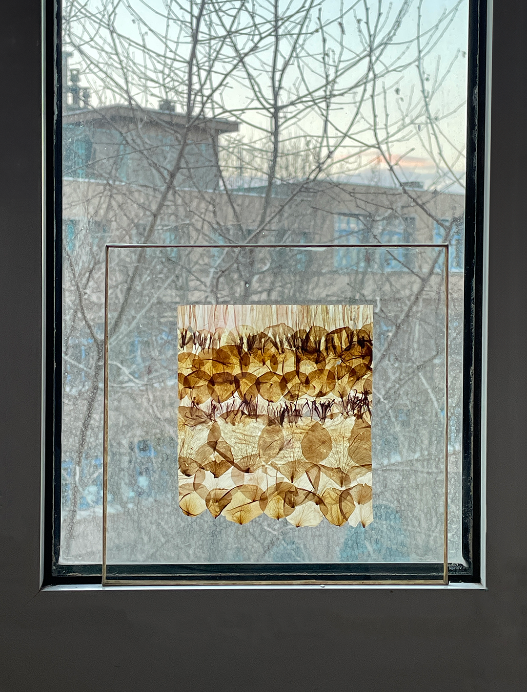 Une fenêtre encadrant une œuvre d'art en feuilles séchées de couleur marron clair, représentant probablement des silhouettes d'oiseaux ou de formes abstraites, avec un paysage urbain en arrière-plan et des branches d'arbres visibles à travers la vitre.