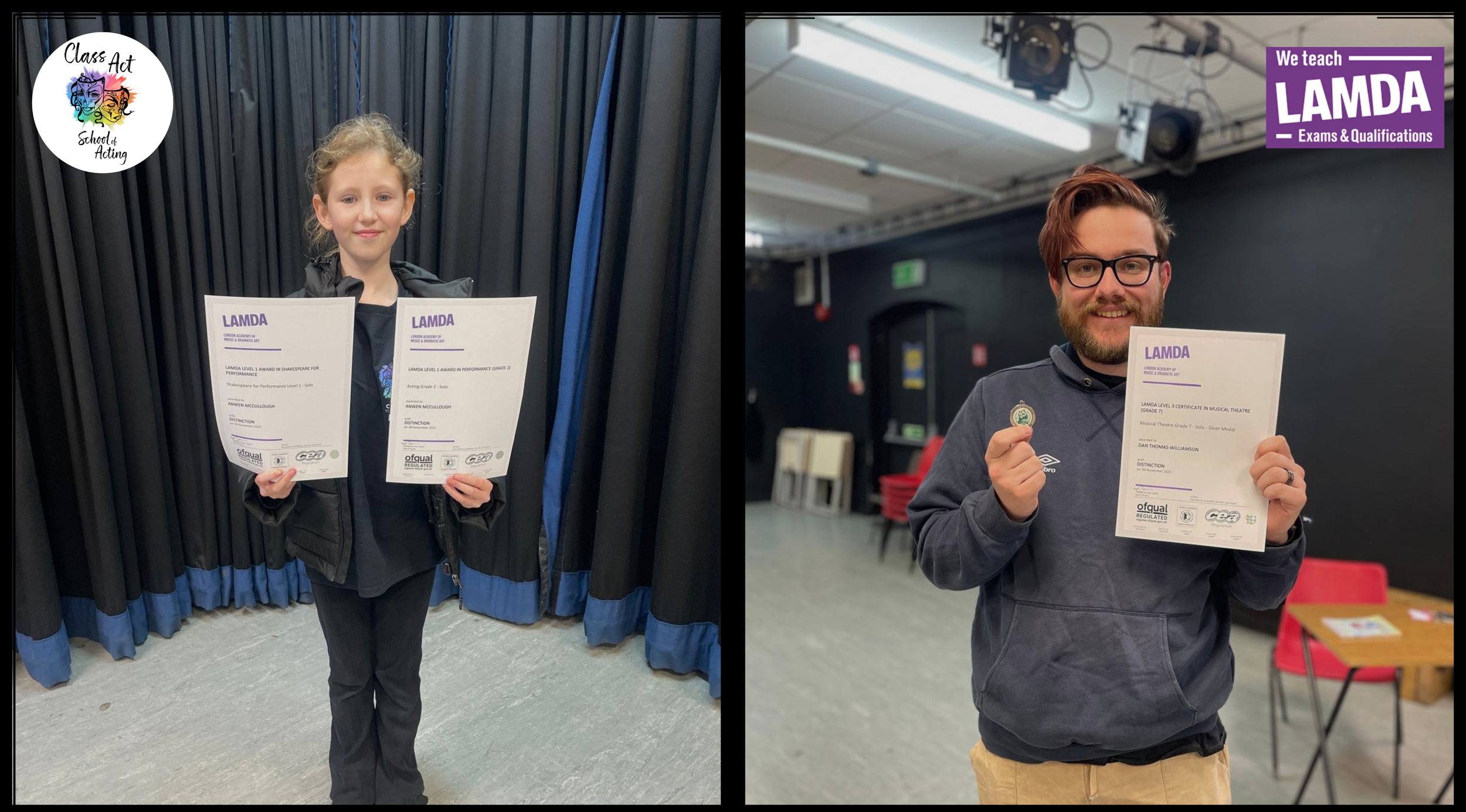 Two individuals holding certificates and medals in an indoor setting. The girl on the left has light brown hair, is dressed in black, and is holding two certificates. The man on the right has brown hair, glasses, a beard, and is holding a medal and a certificate. The certificates display the text 'LAMDA' and some details about achievements. There are logos and purple accents on the certificates. The background includes black curtains and a dark room with chairs and tables. The top corners feature logos: 'Class Act School of Acting' on the left and 'We teach LAMDA Exams & Qualifications' on the right.