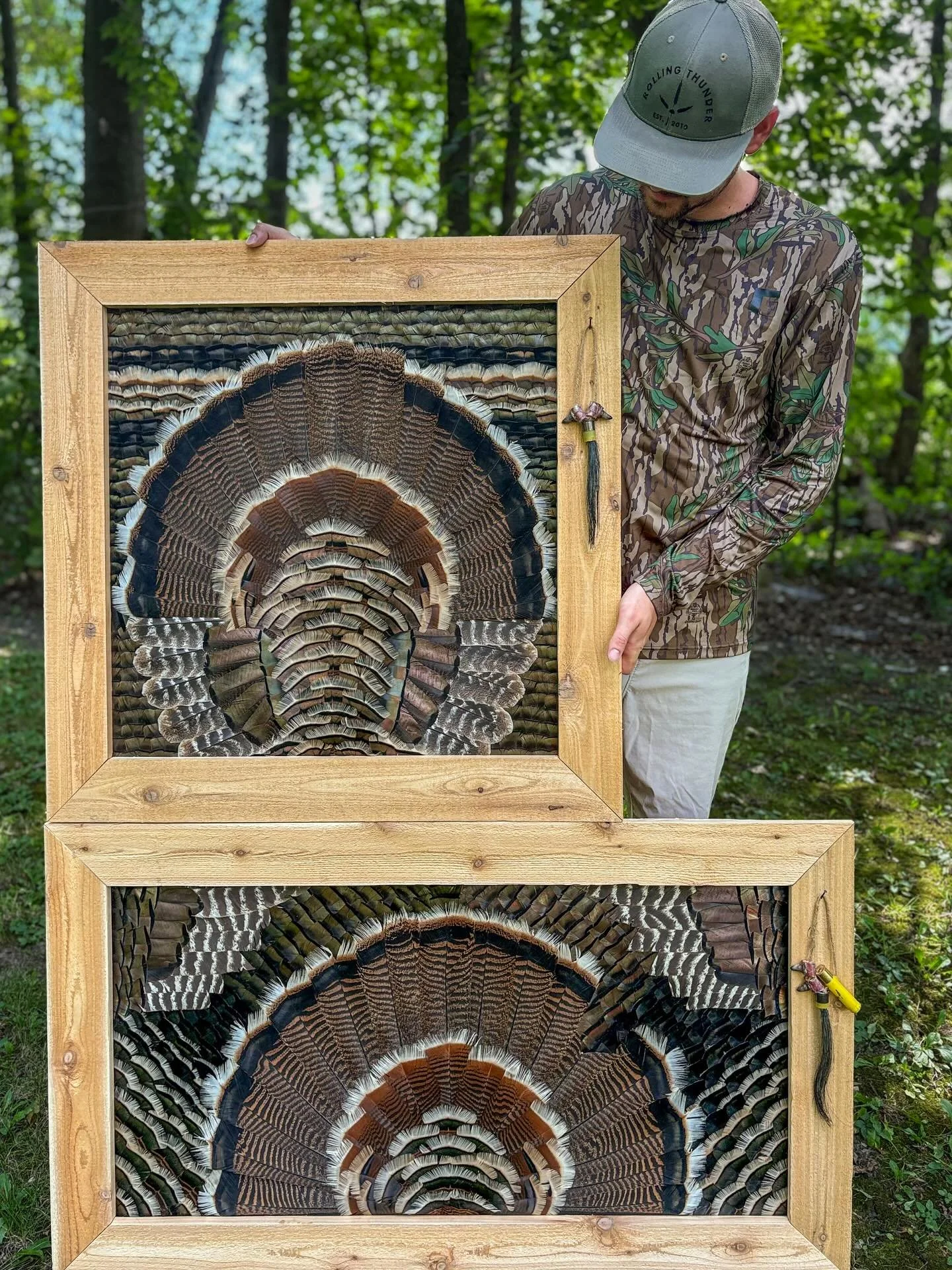 Turkey feather art framed display outdoors