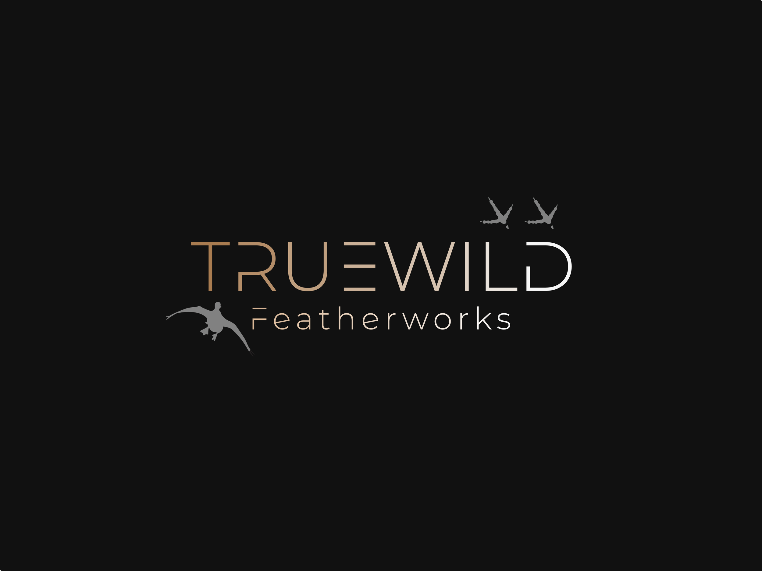 Logo for True Wild Featherworks with a mallard duck flying and wild turkey tracks on a black background