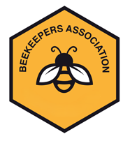 Beekeepers Association logo with a bee illustration inside a yellow hexagon
