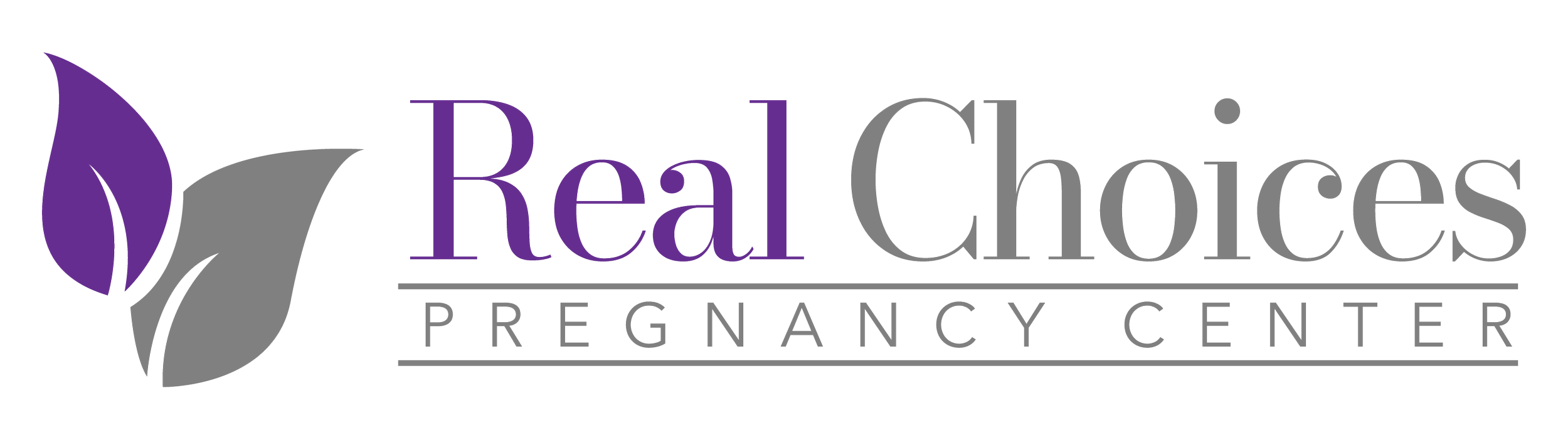 Logo for Real Choices Pregnancy Center with purple and gray stylized leaves