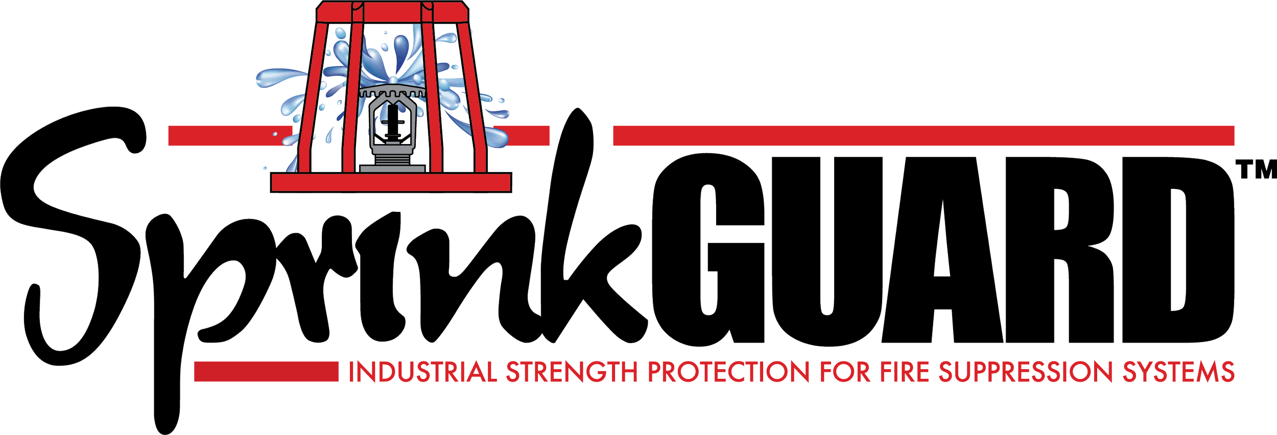Logo for SparkGuard with a red sprinkler head and water spraying, text 'SparkGuard' in bold black, and the tagline 'Industrial Strength Protection for Fire Suppression Systems' in red.
