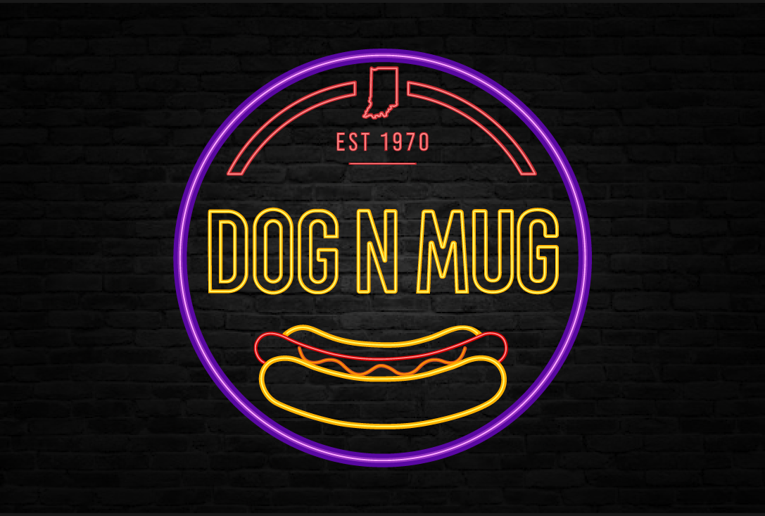 Neon sign with a hot dog and bun, featuring the text "Dog N Mug," a purple circle outline, and the words "EST 1970" above. Named for a hot dog stand or restaurant.