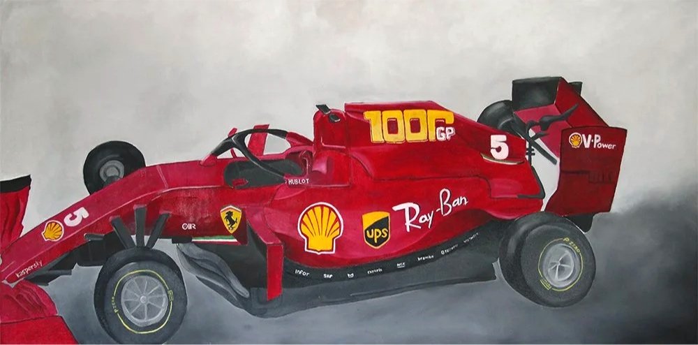 Oil painting of Formula 1 Ferrari SF1000 on a grey background