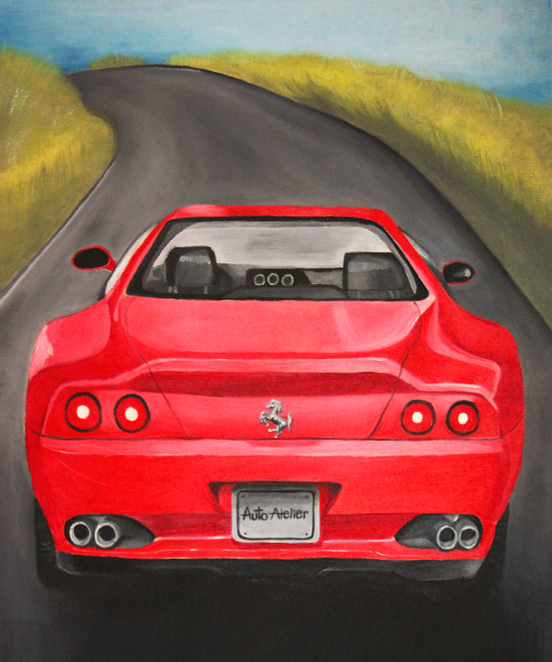 Oil painting of the back of a Ferrari 550 Maranello