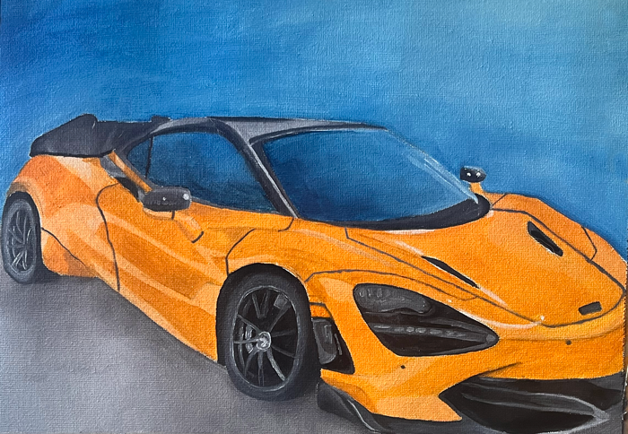 Oil painting of an orange McLaren 720S on a blue background