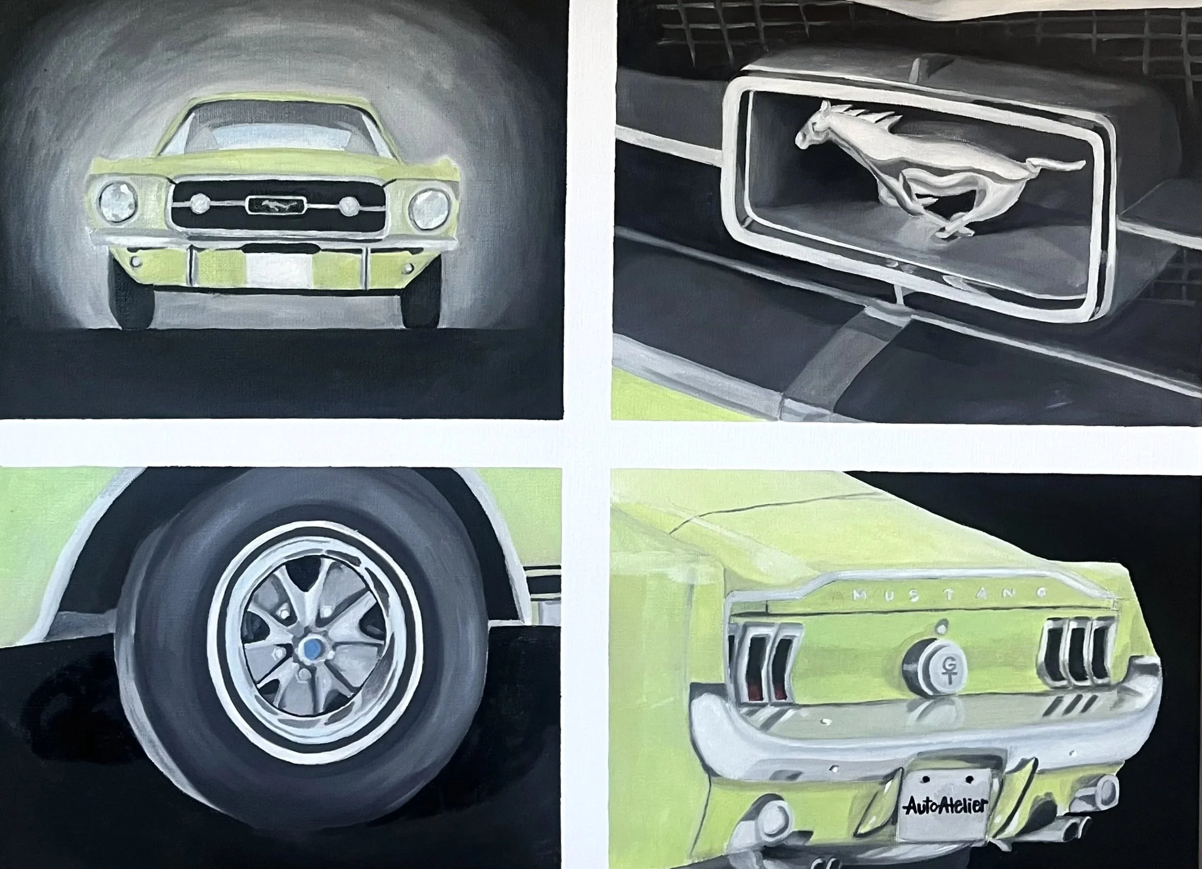 Oil painting of close up parts of a green-yellow Ford Mustang GT