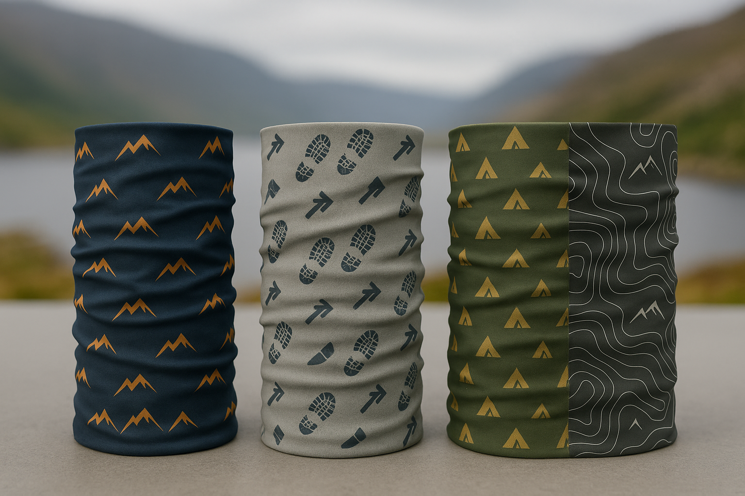 Four fabric headbands with outdoor and hiking patterns, placed on a flat surface with a blurred natural landscape background.