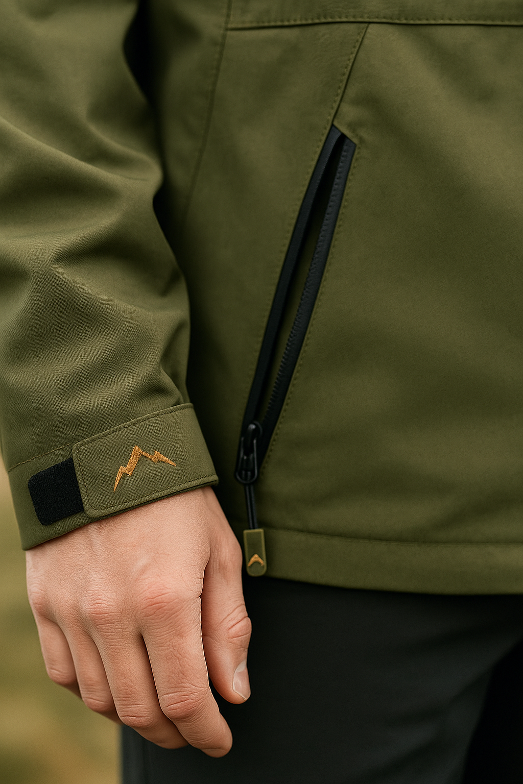 Close-up of a person wearing an olive green jacket with a black zipper and a small lightning bolt logo on the sleeve cuff.