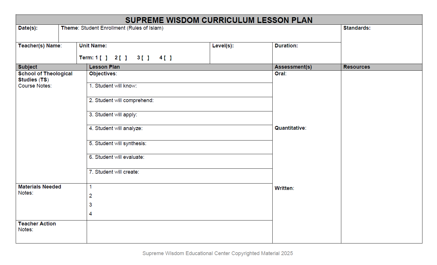 Supreme Wisdom Curriculum Lesson Plan