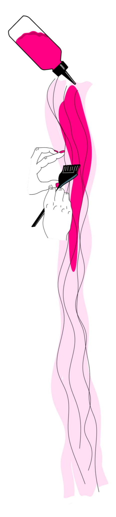Illustration of hair coloring process showing a hand holding a hairbrush applying pink dye to long hair, with a bottle of hair dye above connected by a tube.