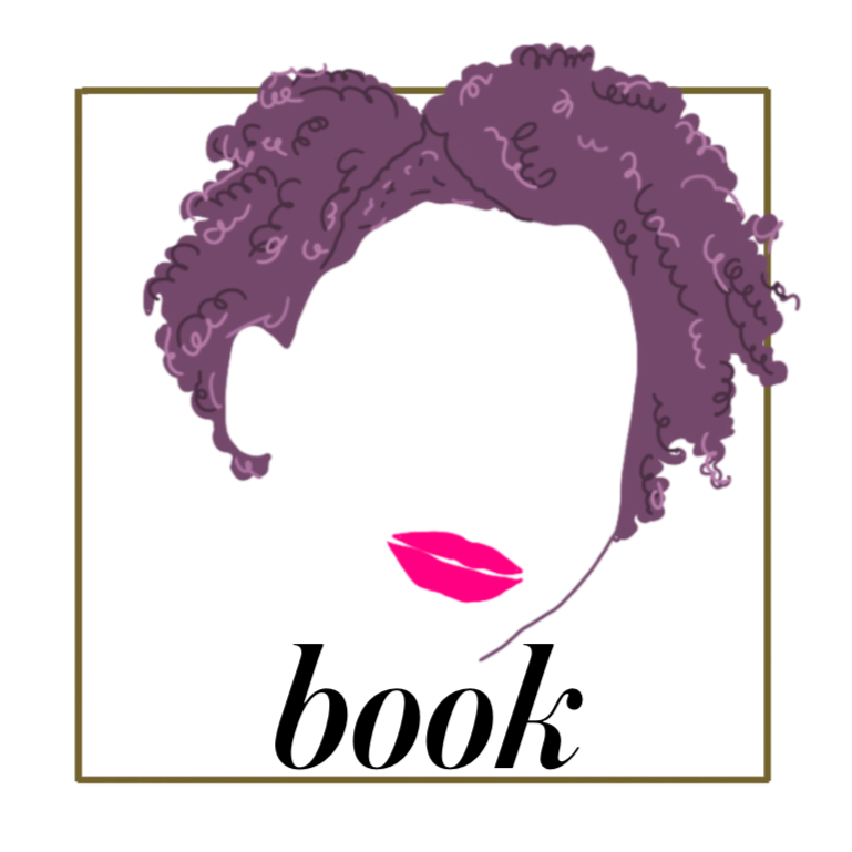 A cartoon-style illustration of a woman with purple curly hair with the word book underneath in black italicized font