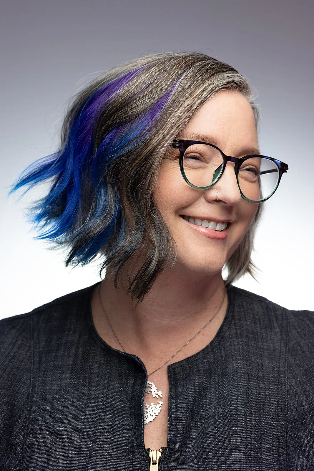 customized grey hair, fantasy color blend by Angela Taormino, Union Beauty salon, Park Slope, Brooklyn.