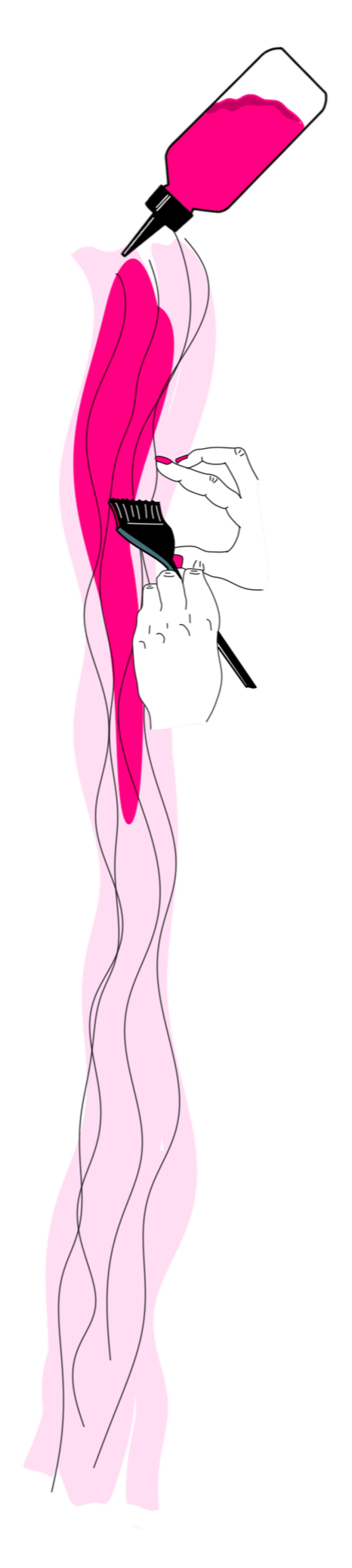 A person's hand holding a pink hairbrush, with long, wavy pink hair and a red hairdryer hanging above.