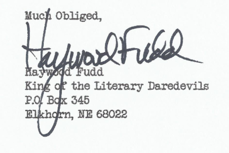 Typed letter with a signature overlaying the text. The letter is signed by Hollywood Fudd.