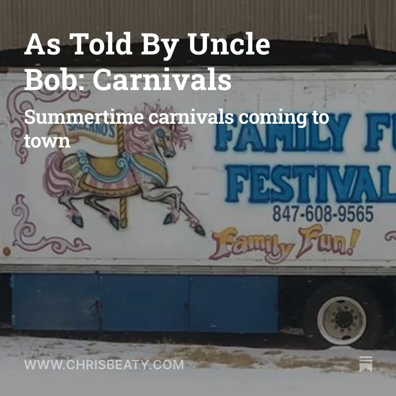 A carnival promotional sign featuring a pink and white carousel horse with the text "As Told By Uncle Bob: Carnivals" and "Summertime carnivals coming to town." The sign also advertises a family festival with a phone number and the website www.chrisbeatty.com.