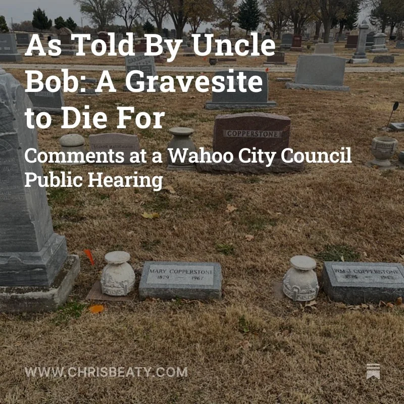 Gravestones in a cemetery with a headline overlaid that reads, "As Told By Uncle Bob: A Gravesite to Die For."