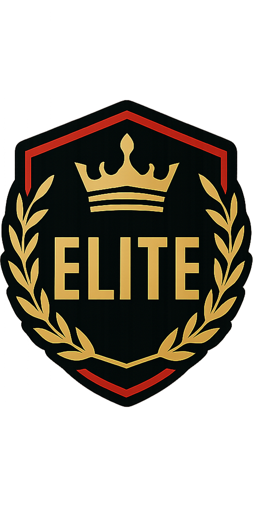 A black shield with a red outline, gold laurel wreath, and a gold crown at the top. The word "ELITE" is written in gold capital letters in the center.