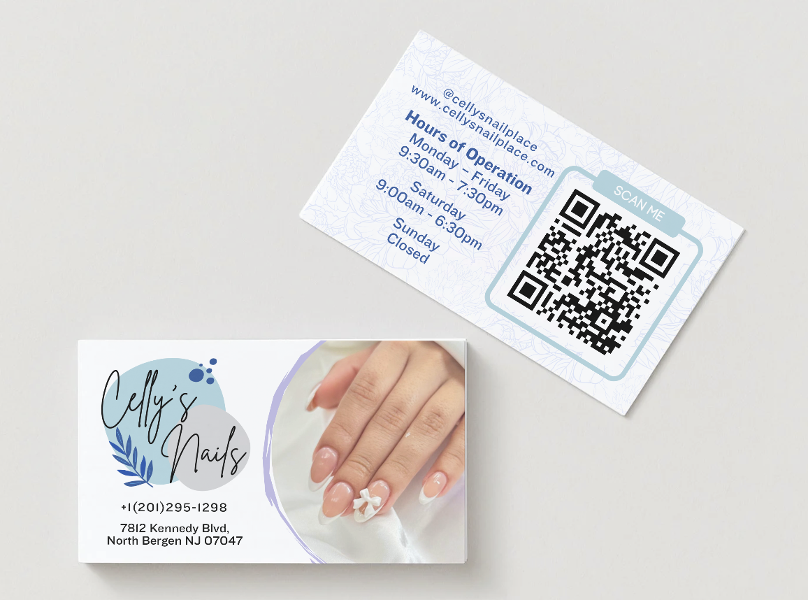 Business card for Celly's Nails showing a hand with manicured nails and a nail design, and another card with business hours and a QR code.