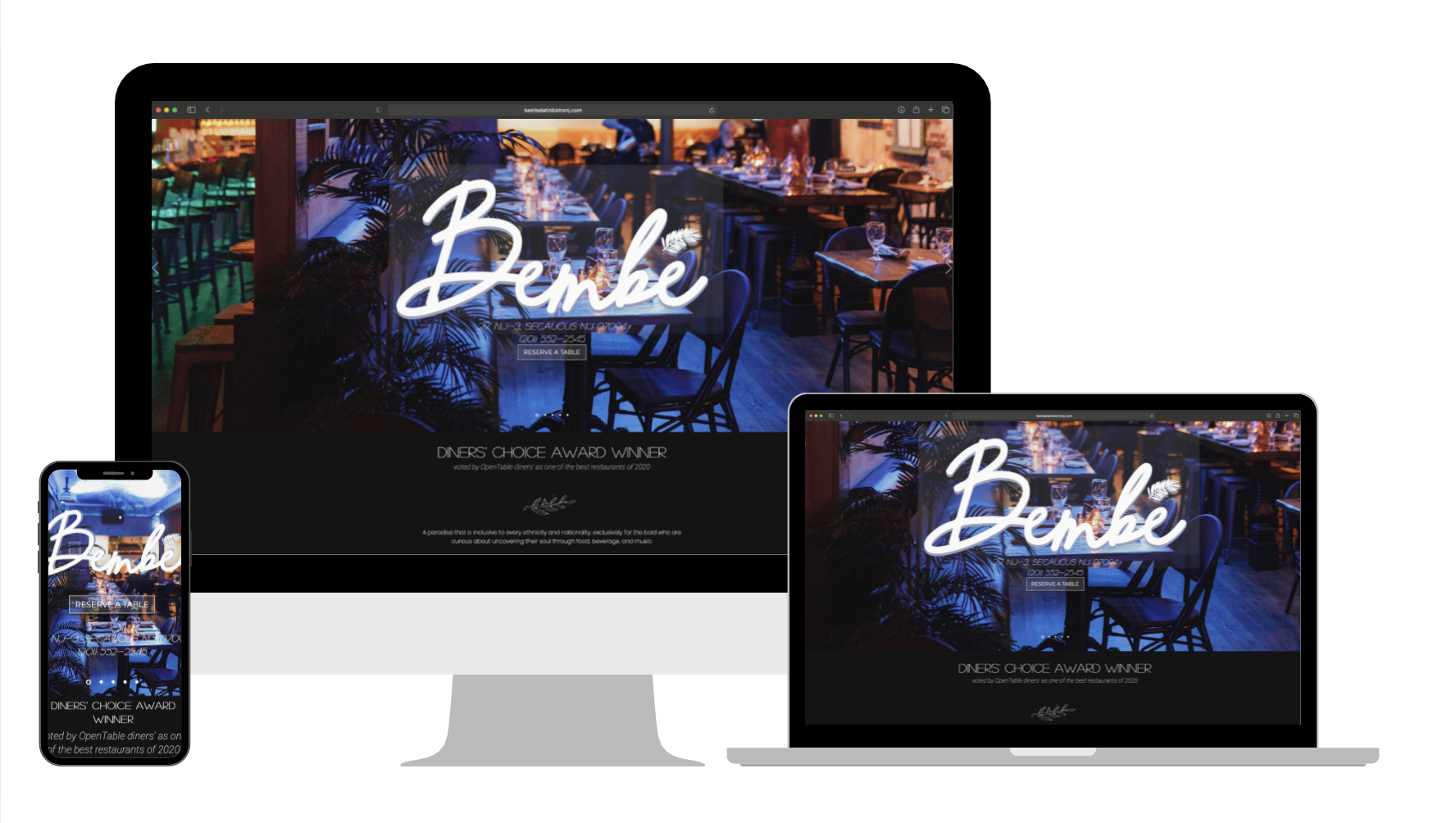 Website homepage for a restaurant named Benbe displayed on a smartphone, desktop monitor, and laptop. The site features a photo of a restaurant interior with tables set for dining, illuminated with colorful lighting. The restaurant's logo, "Benbe," a