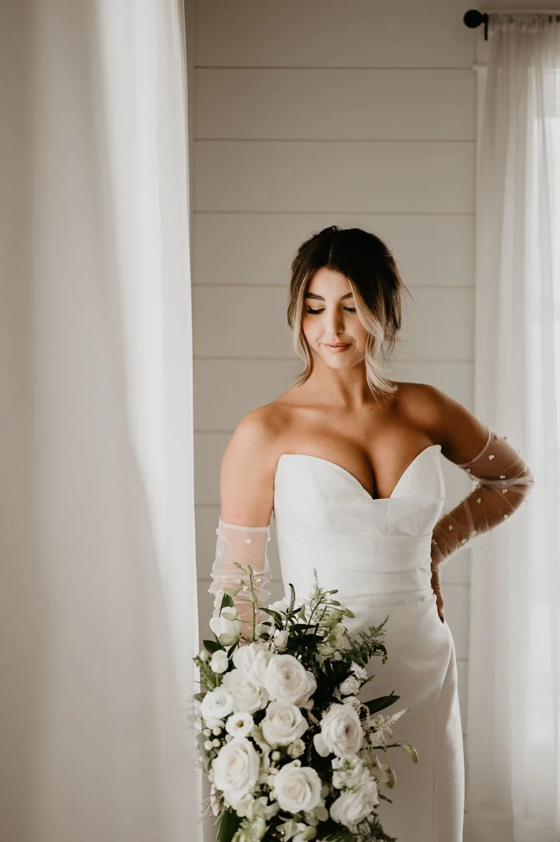 Twirl Bridal Gown with Beaded Gloves and UBD Florals Bouquet at Crimson Lane | Photo by Julia Brown Photo